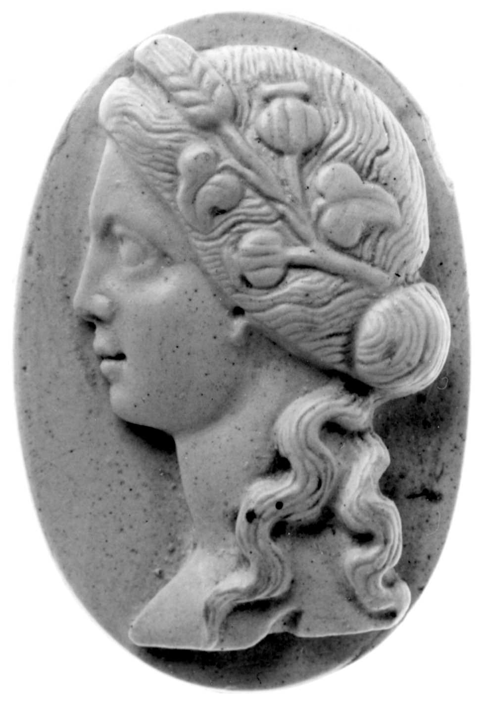 Cameo depicting a  Woman's Head in Profile and wearing an Ivy Wreath