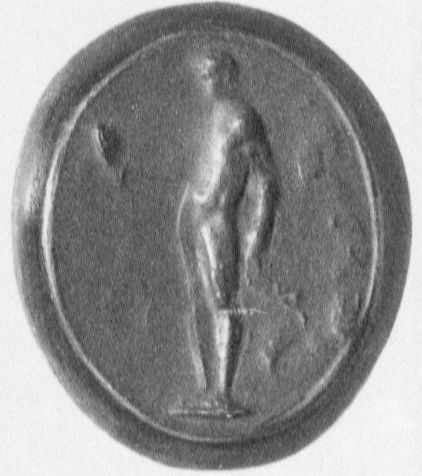 Allegorische Figur mit Spiegel und Spruchband